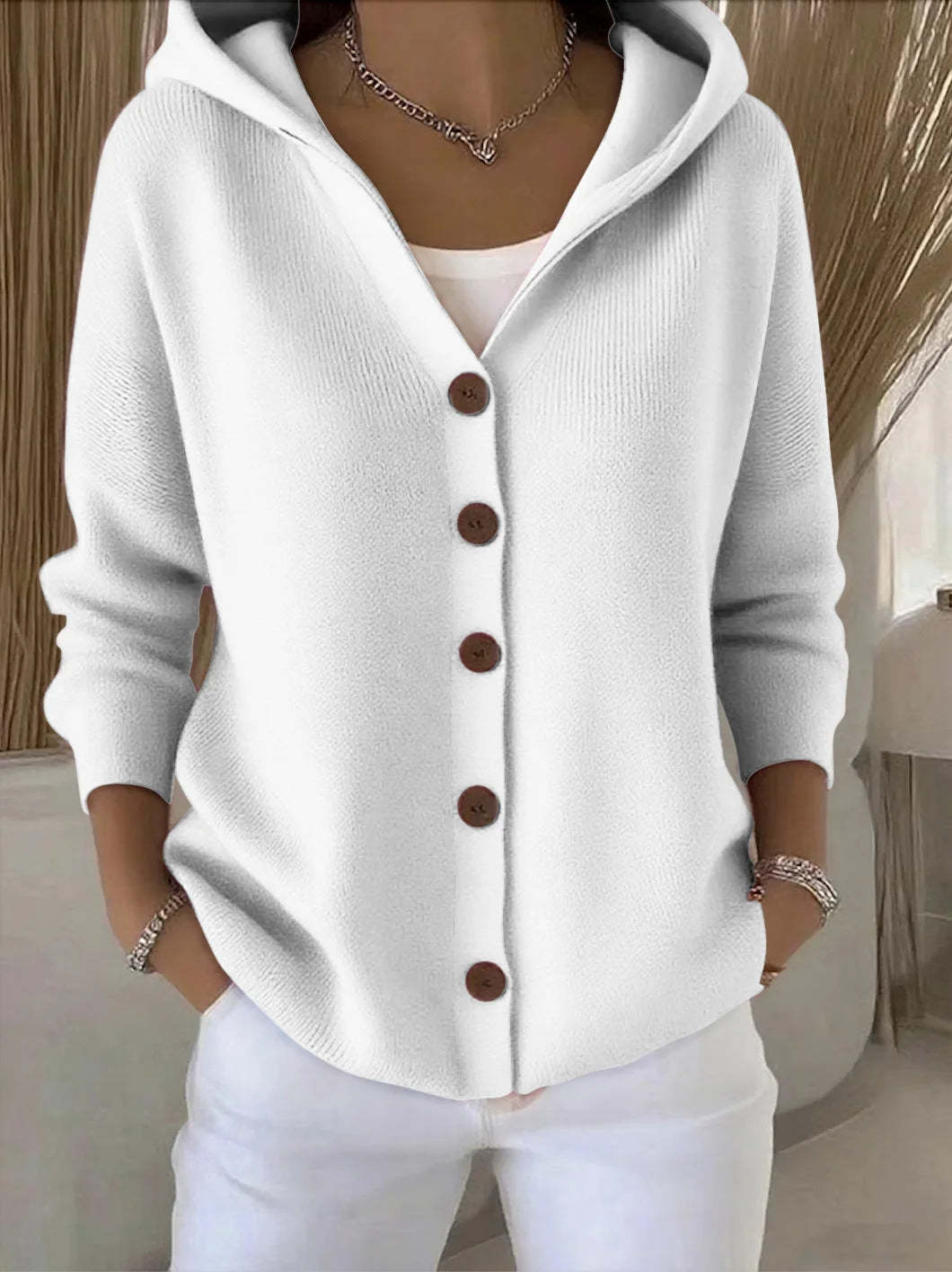 Darienne | Hooded Button-Up Knit Cardigan – Gray