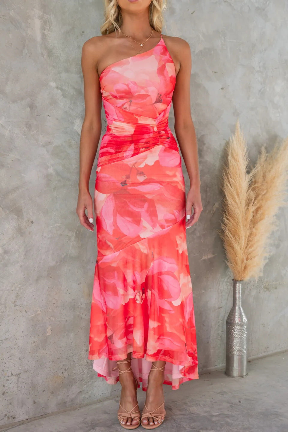 Anna | Purple Floral One Shoulder Dress – Pink