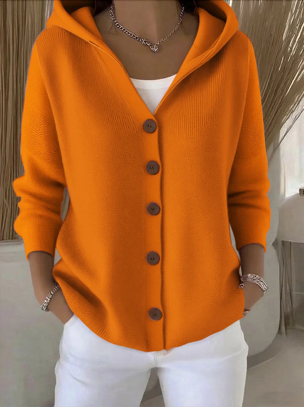 Darienne | Hooded Button-Up Knit Cardigan – Orange