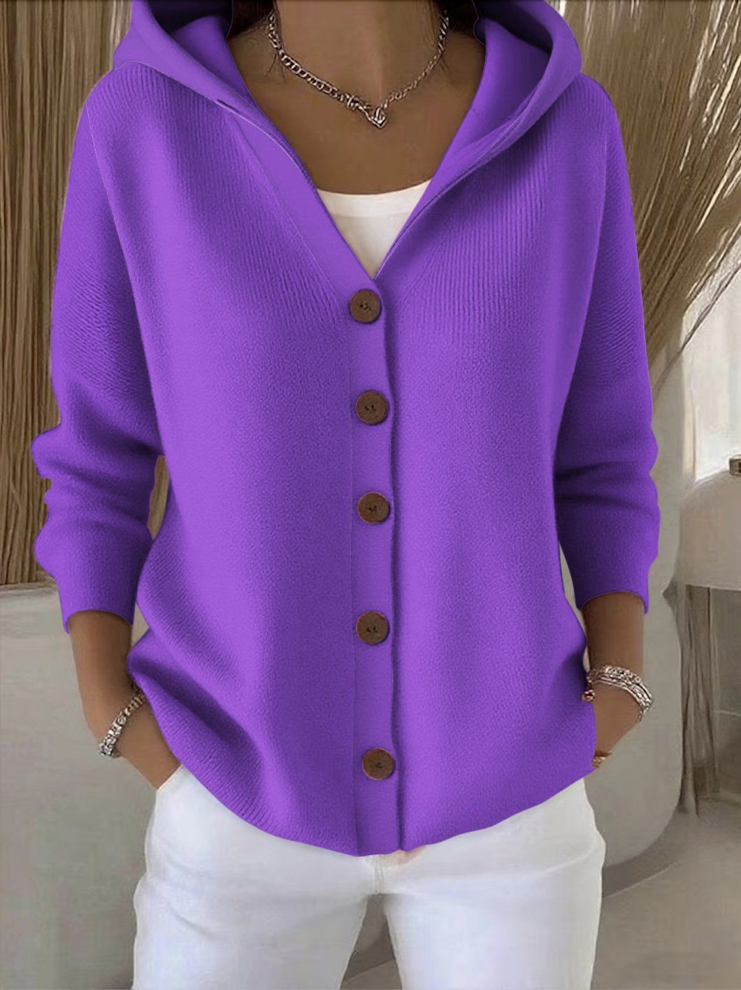 Darienne | Hooded Button-Up Knit Cardigan – Purple