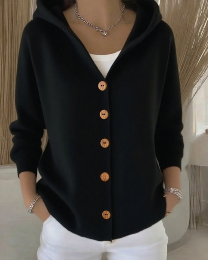 Darienne | Hooded Button-Up Knit Cardigan – Black