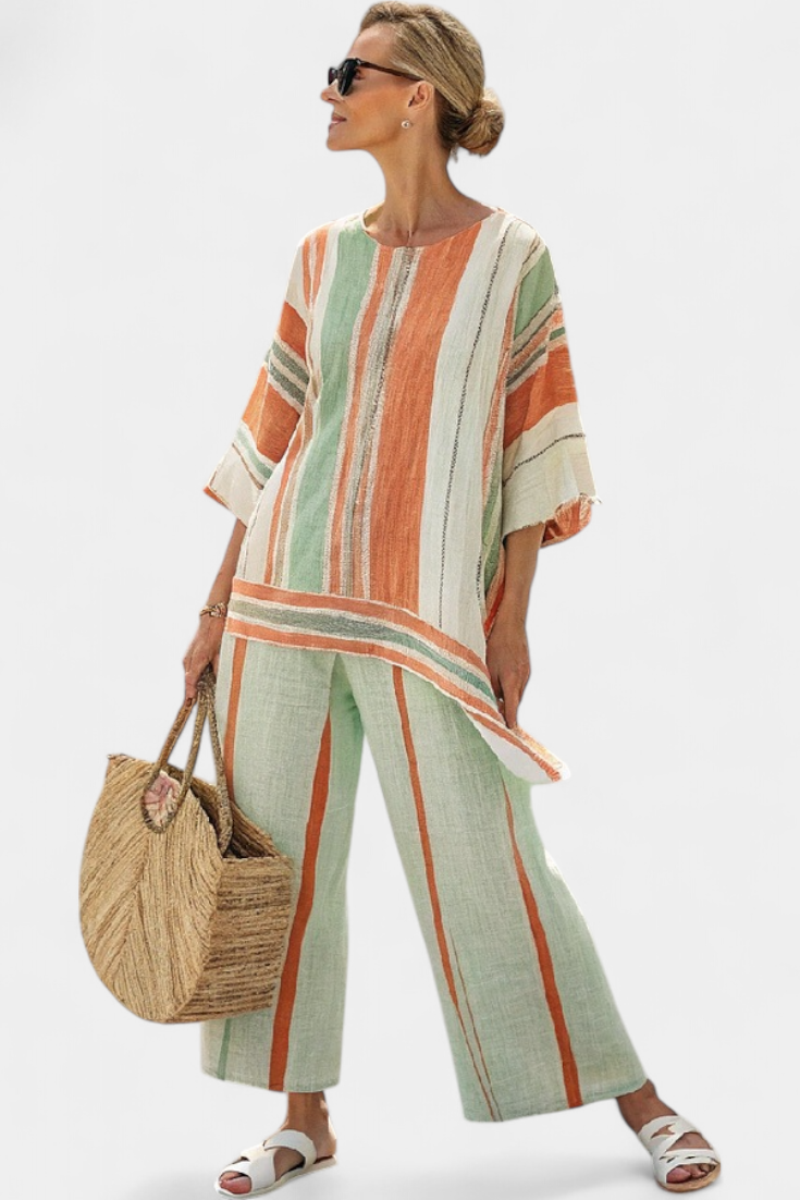 Bellmere | Elegant Asymmetrical Top & Wide-Leg Pants – Multi Colored Stripes