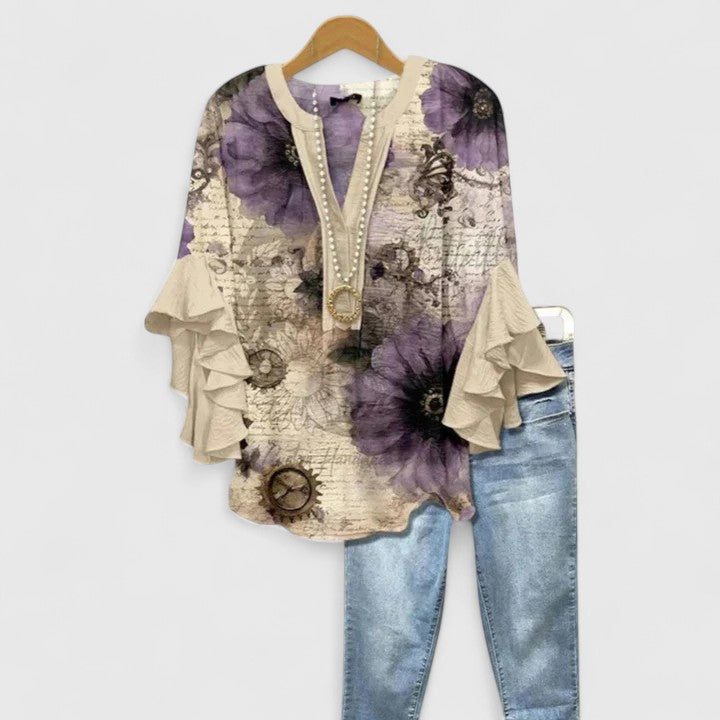 Althea | Elegant Ruffle Sleeve Floral Blouse – Beige