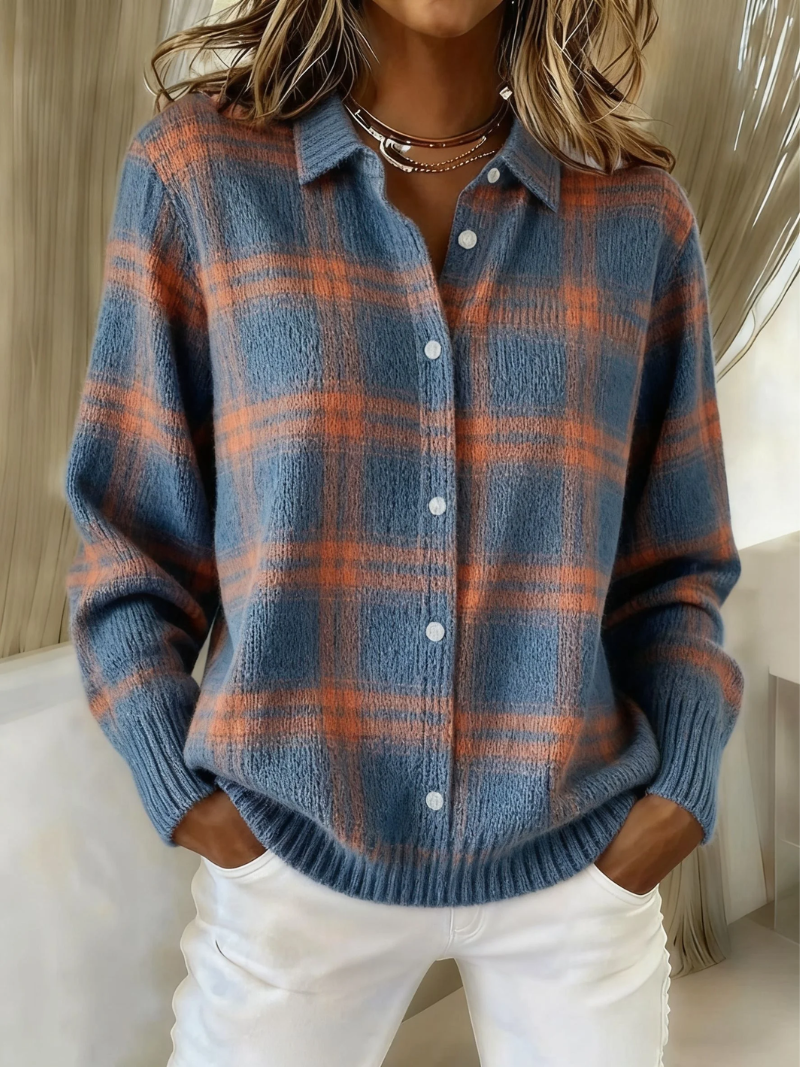 Avondale | Plaid Button-Up Cardigan – Warm Blue