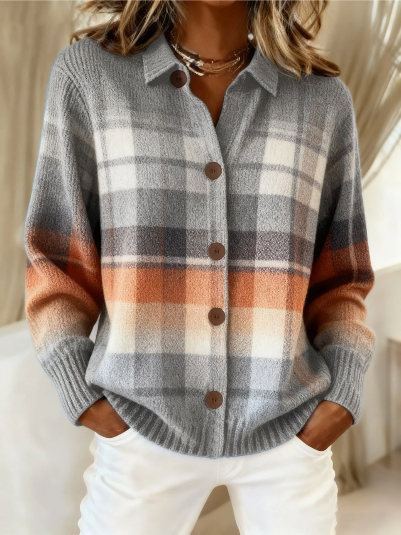 Laverne | Warm Ombre Plaid Cardigan – Gray Ombre Plaid