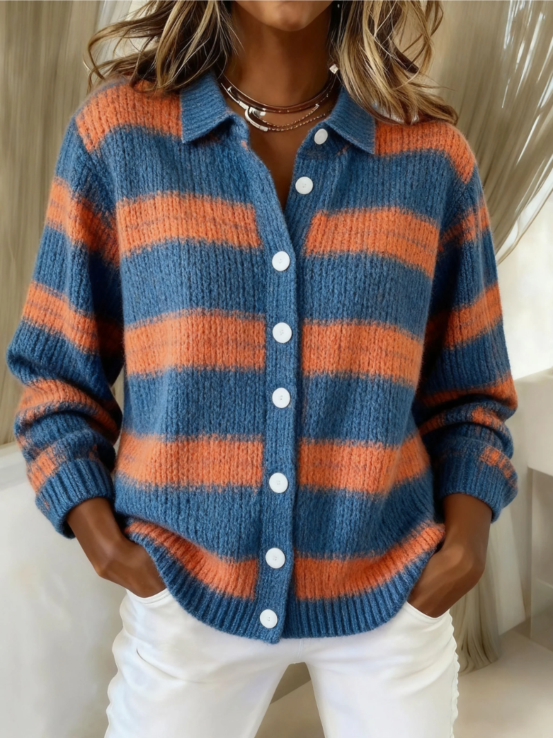 Avonelle | Striped Knitted Cardigan – Terracotta & Blue