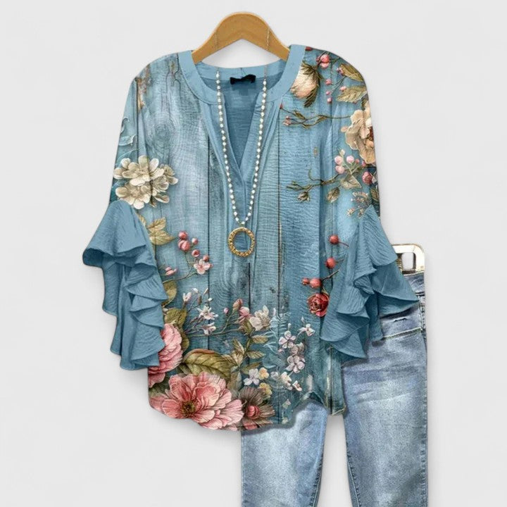 Althea | Elegant Ruffle Sleeve Floral Blouse – Floral Blue