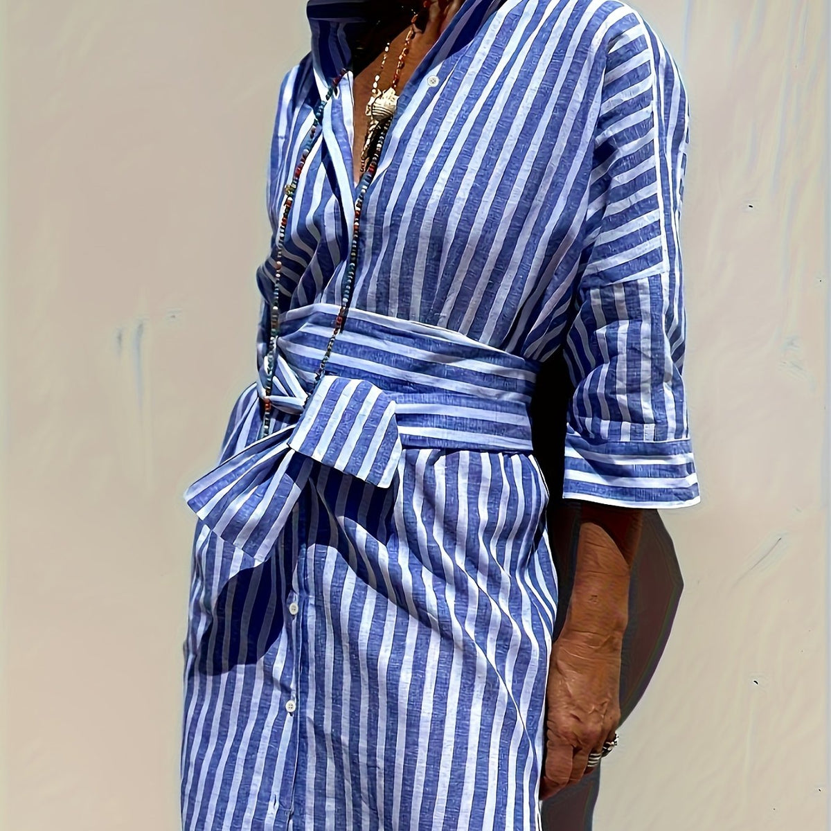 Christine | Striped Print Dress with Button Closure and Belt – Vibrant Blue