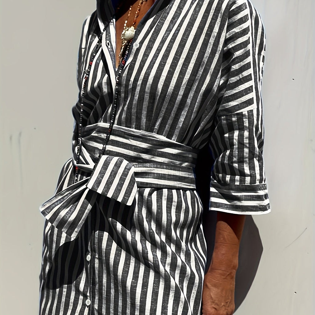 Christine | Striped Print Dress with Button Closure and Belt