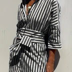 Christine | Striped Print Dress with Button Closure and Belt