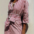 Christine | Striped Print Dress with Button Closure and Belt