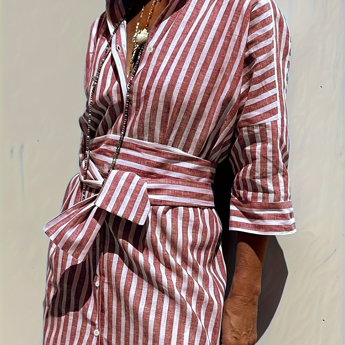 Christine | Striped Print Dress with Button Closure and Belt – Red