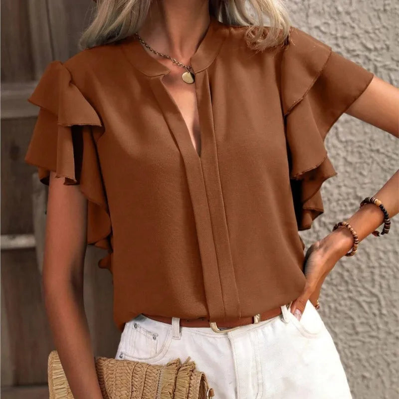 Amira | Chic Blouse with Elegant Ruffle Sleeves – Brown
