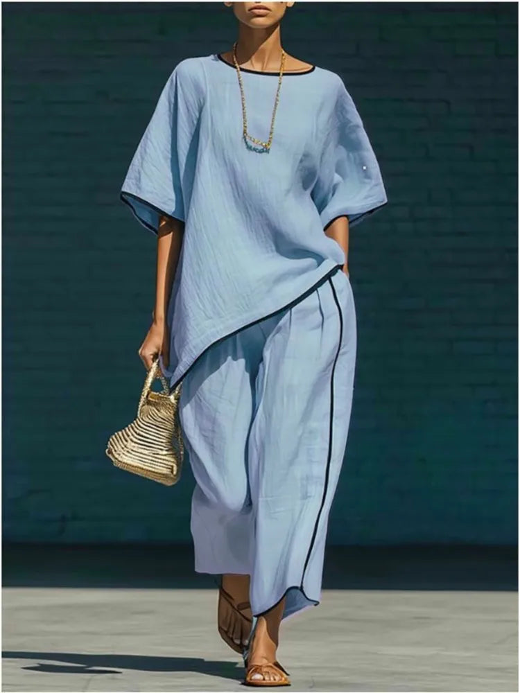 Anila Linen Cropped Pants Set – Sky Blue