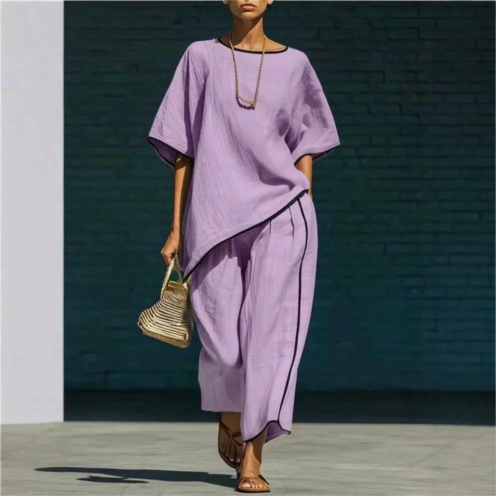 Anila Linen Cropped Pants Set – Purple