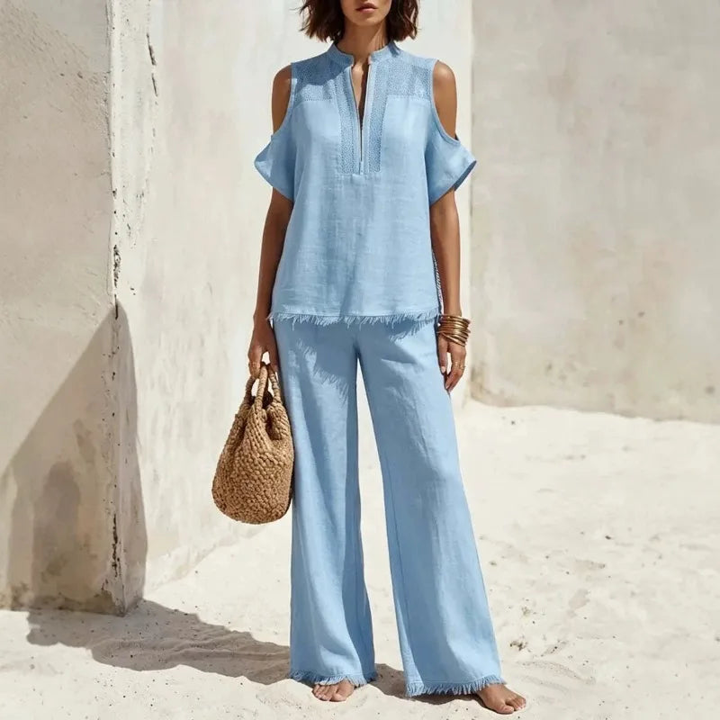 Bernadette Zip Neck Pants Set – Blue