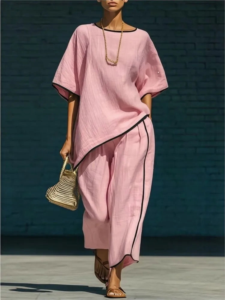 Anila Linen Cropped Pants Set – Pink