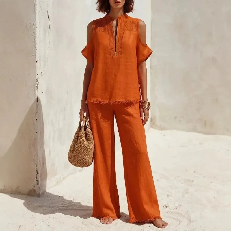 Bernadette Zip Neck Pants Set – Orange