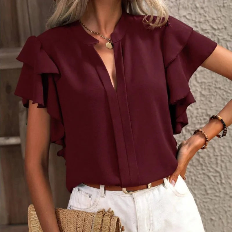 Amira | Chic Blouse with Elegant Ruffle Sleeves – Wine Red