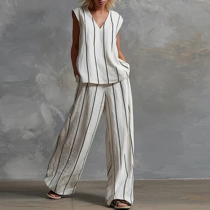 Amelia Striped Summer Pants Set – Biege