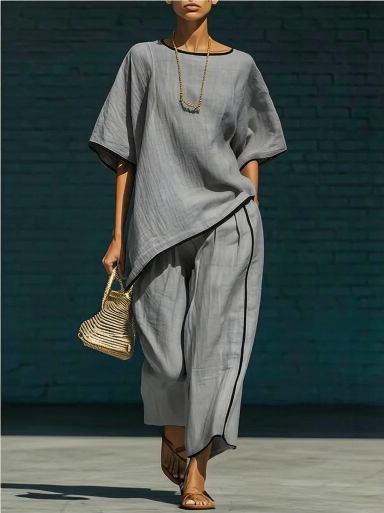 Anila Linen Cropped Pants Set – Gray