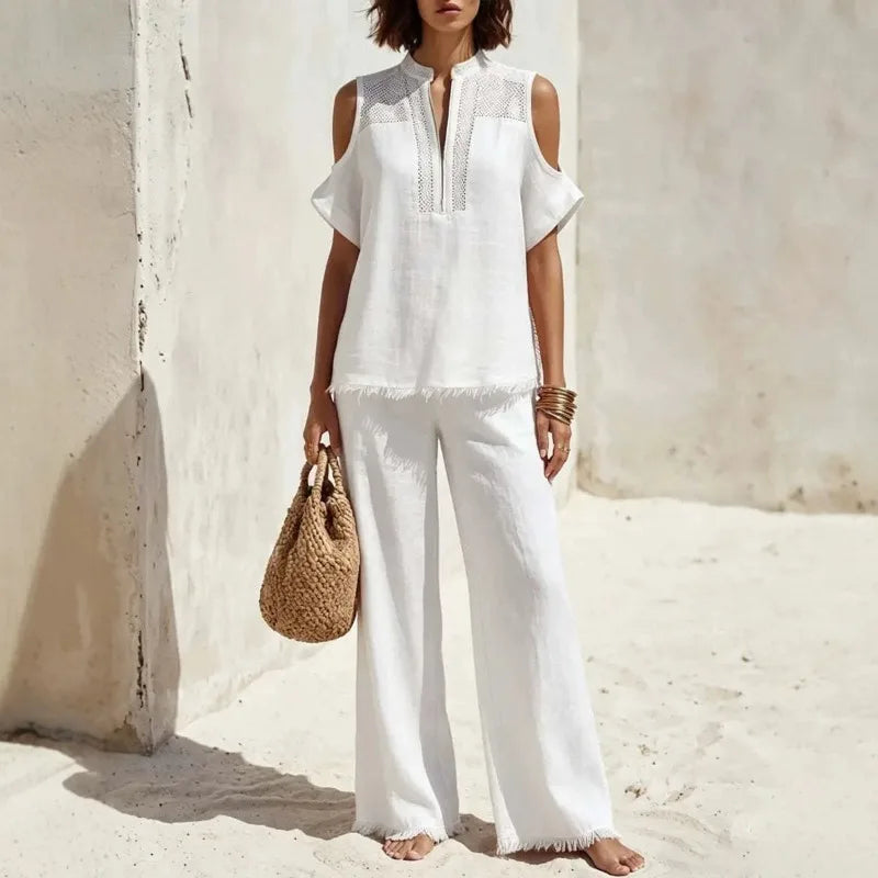 Bernadette Zip Neck Pants Set – White