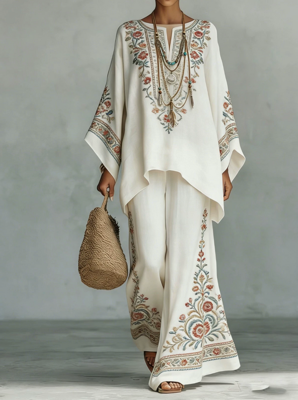 Celine | Elegant Linen Two-Piece Set – White Flower