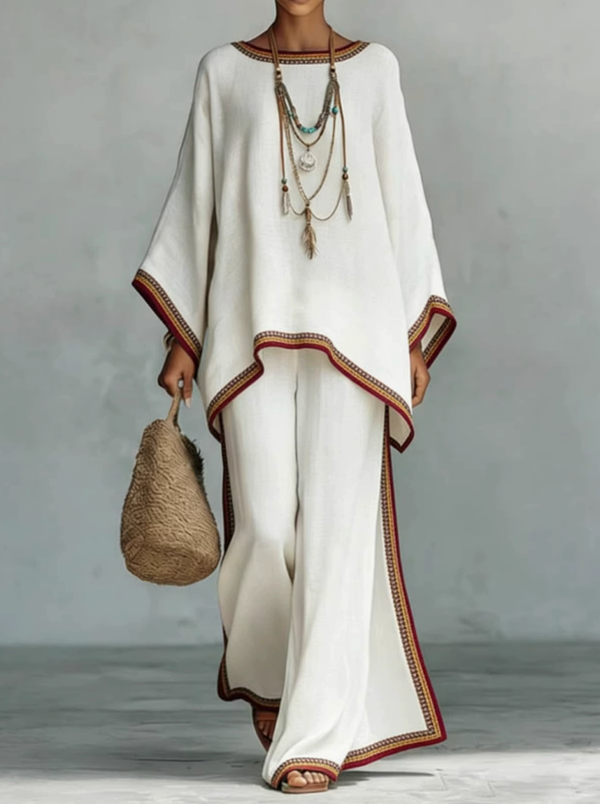 Celine | Elegant Linen Two-Piece Set – White stripe