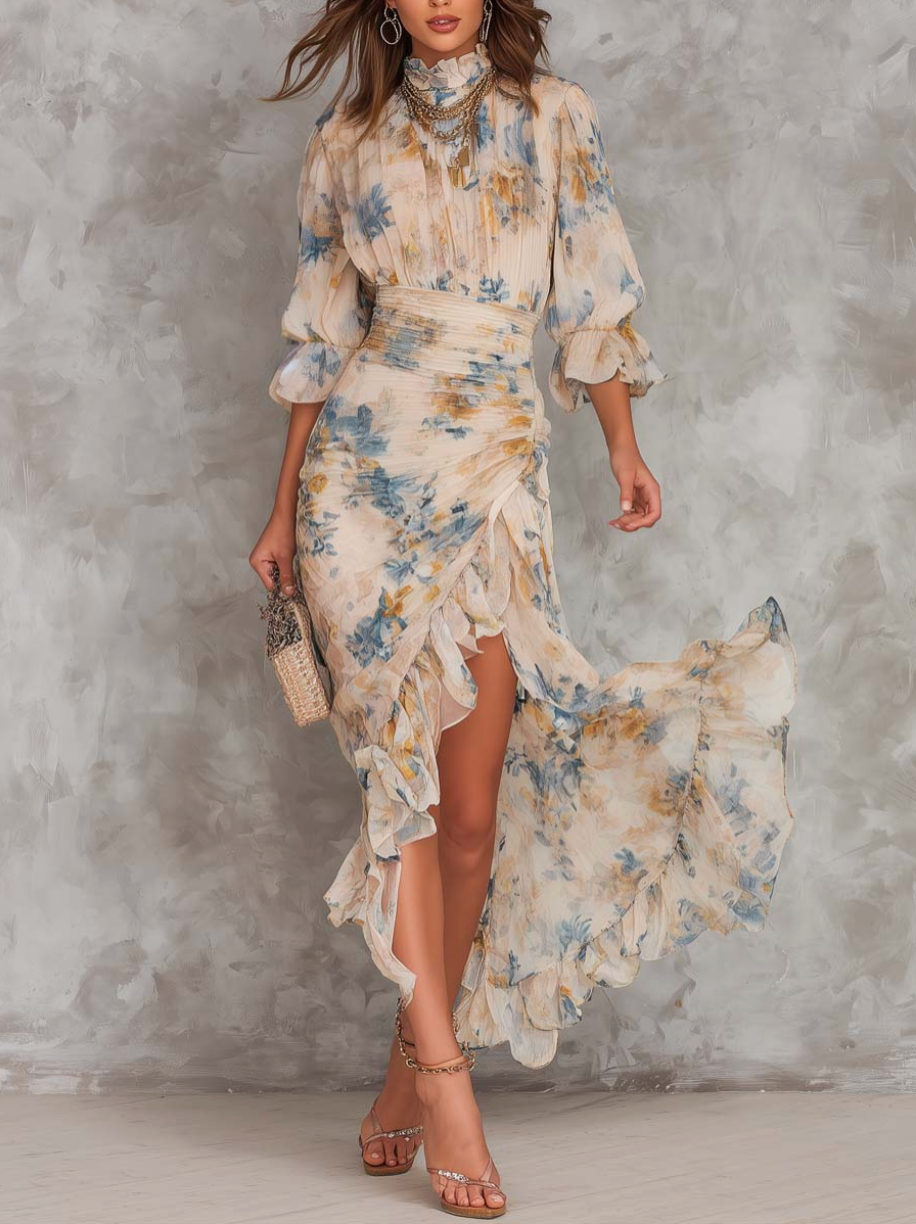 Beige Turtleneck Oil Painting Floral Print Irregular Chiffon Maxi Dress – Beige