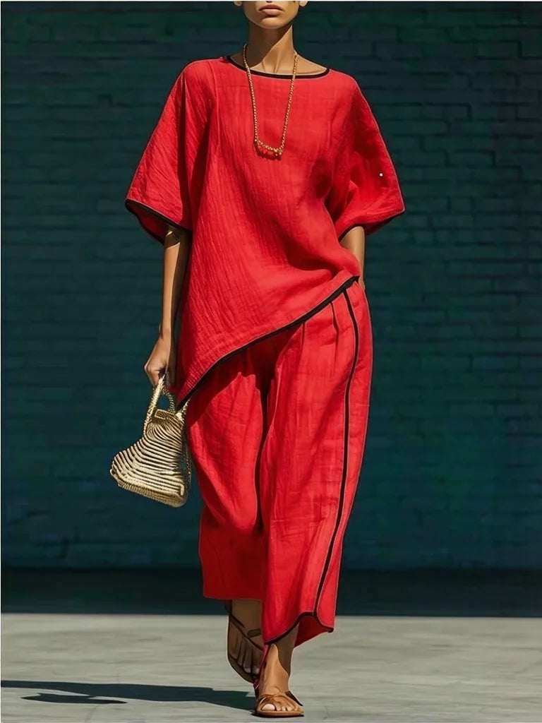 Anila Linen Cropped Pants Set – Red