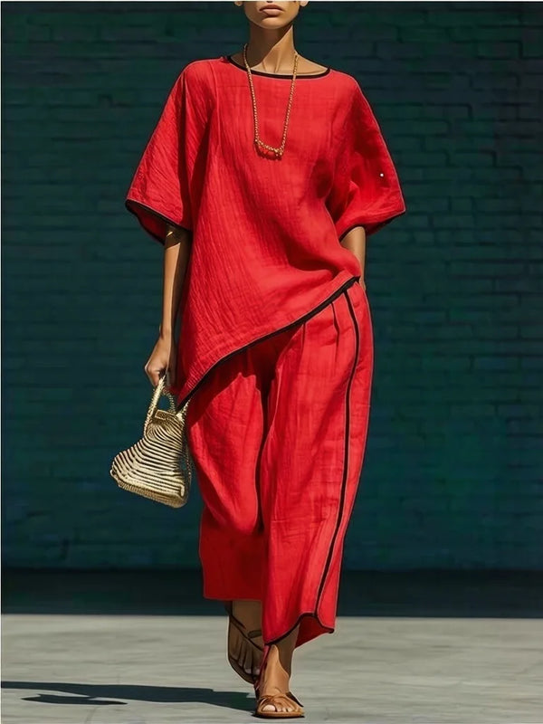 Anila | Linen Cropped Pants Set – Red