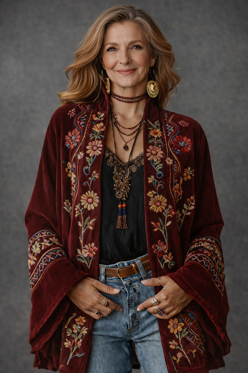 Amelie | Stylish Velvet-Touch Bohemian Cardigan – Burgundy Floral
