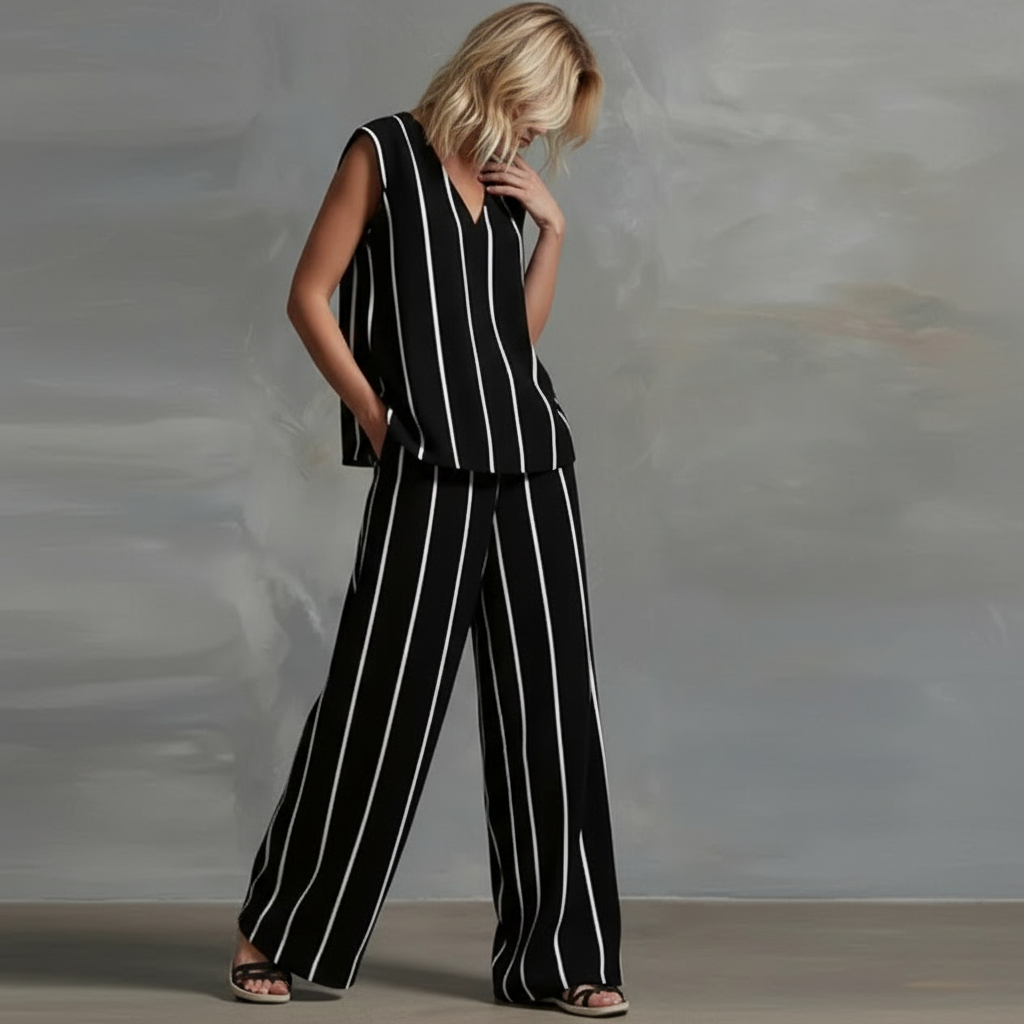 Amelia Striped Summer Pants Set – Black
