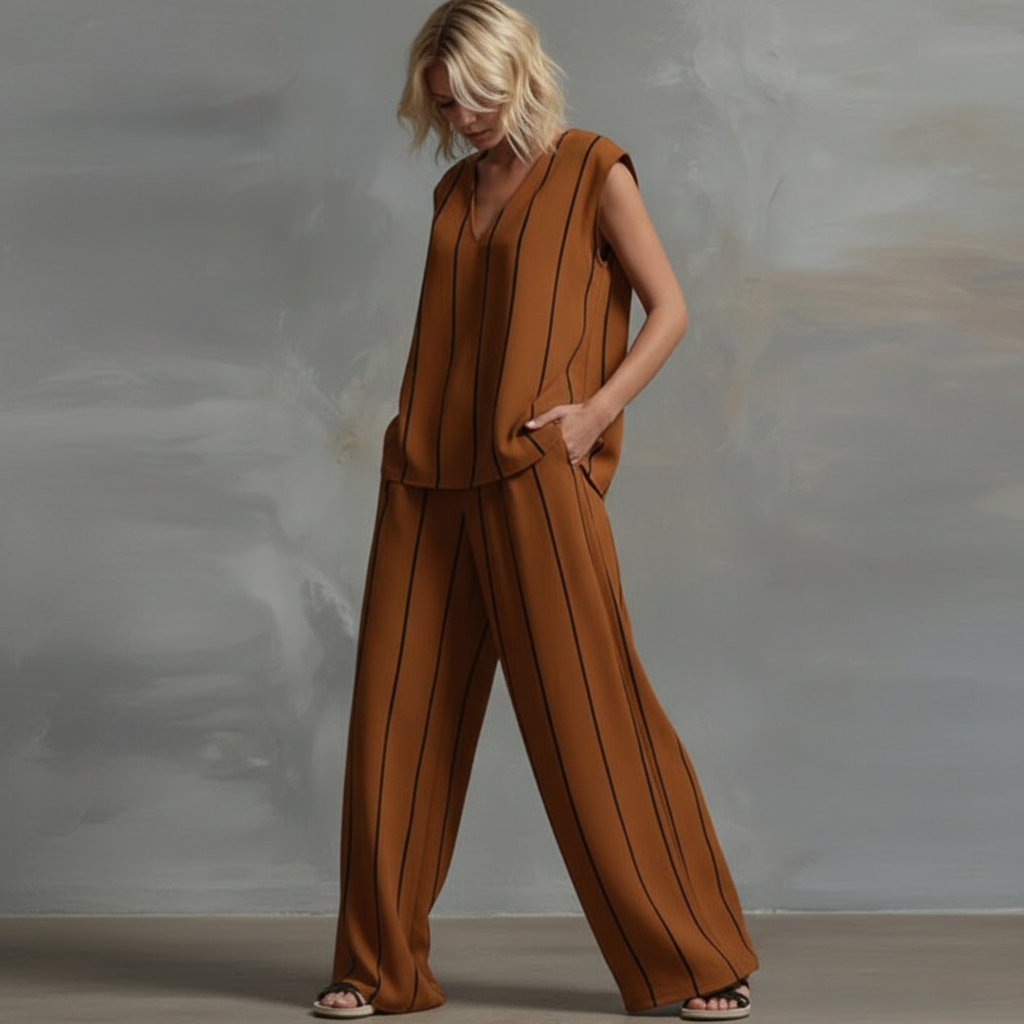 Amelia Striped Summer Pants Set – Brown