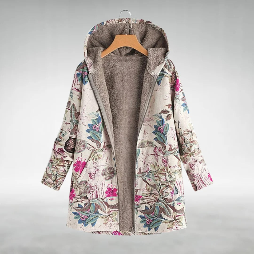 Melvaris Floral Print Hooded Coat – White