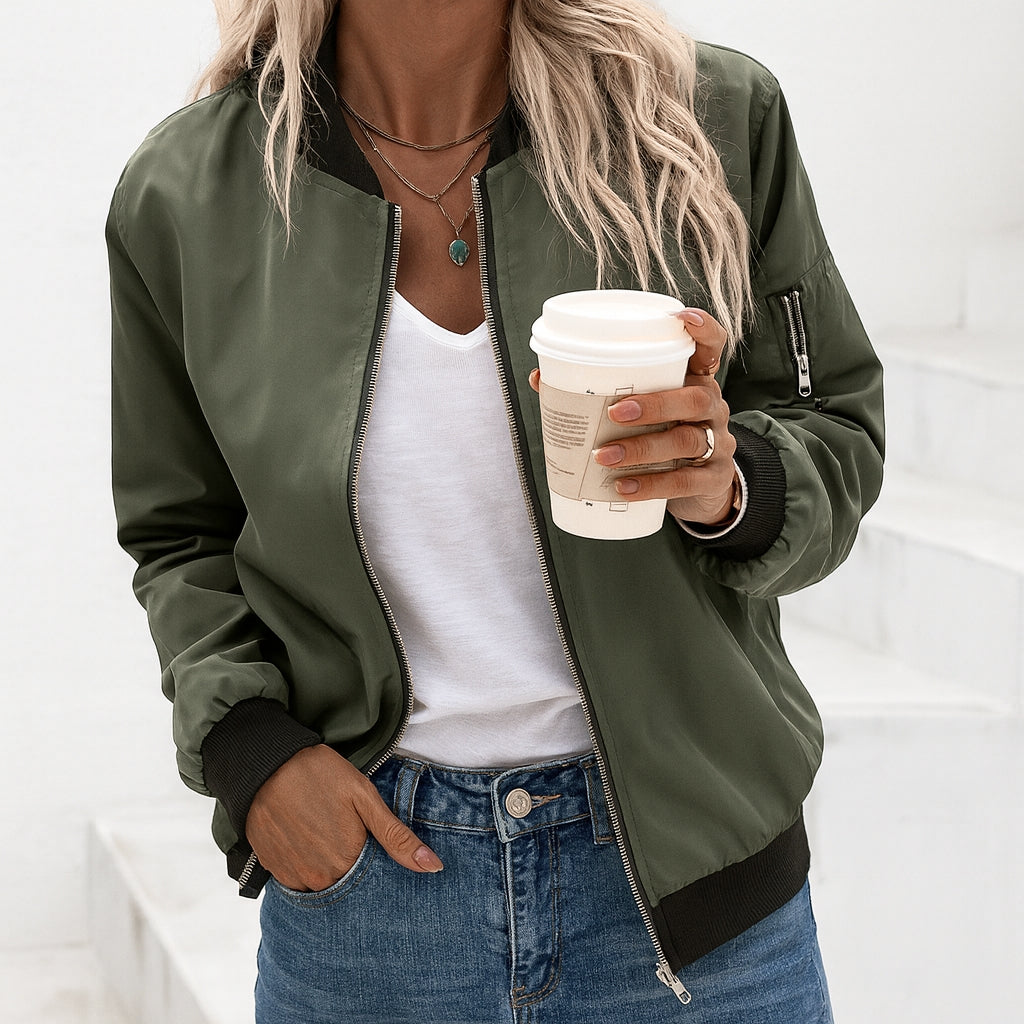 Chiara | Classic Zip Bomber Jacket For Women – Army green