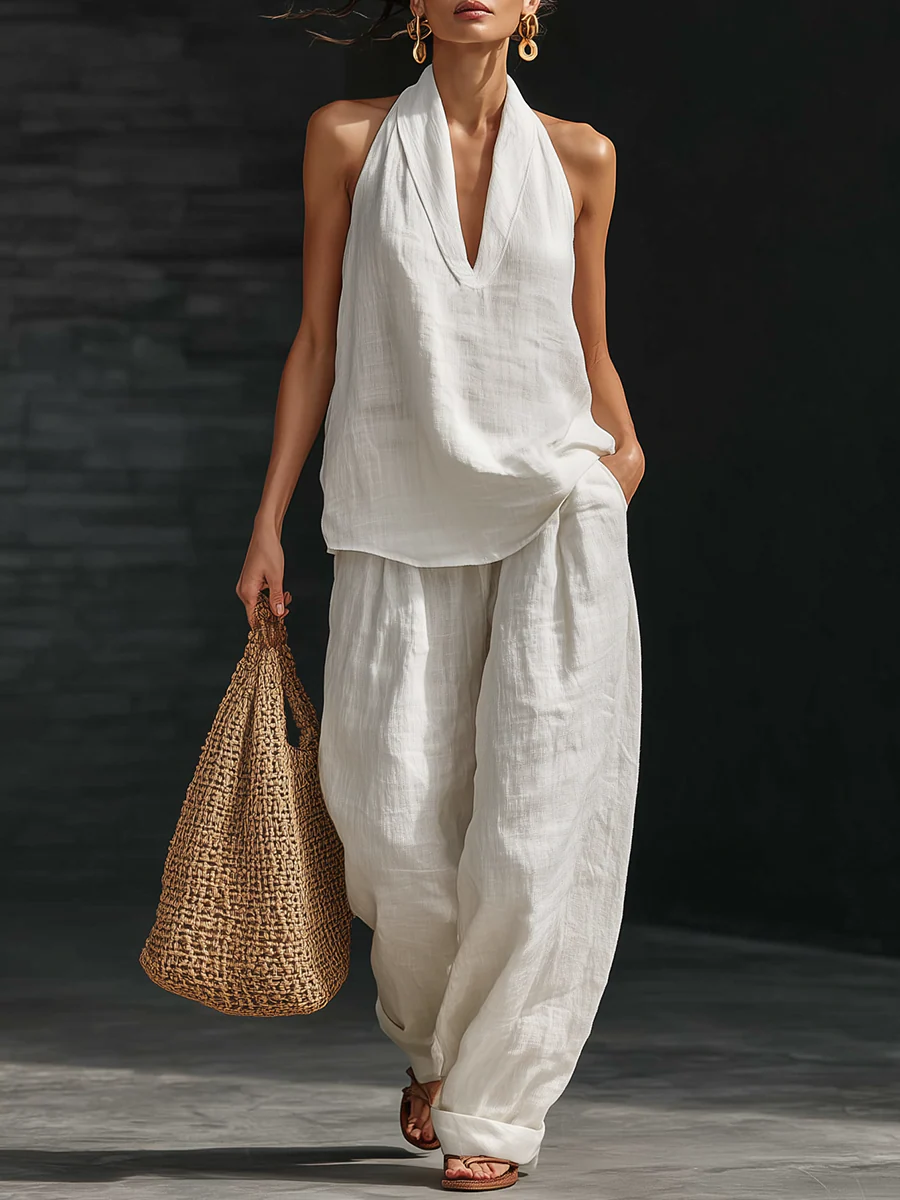 Zoë | Sleeveless Set with Wide Leg Pants – White