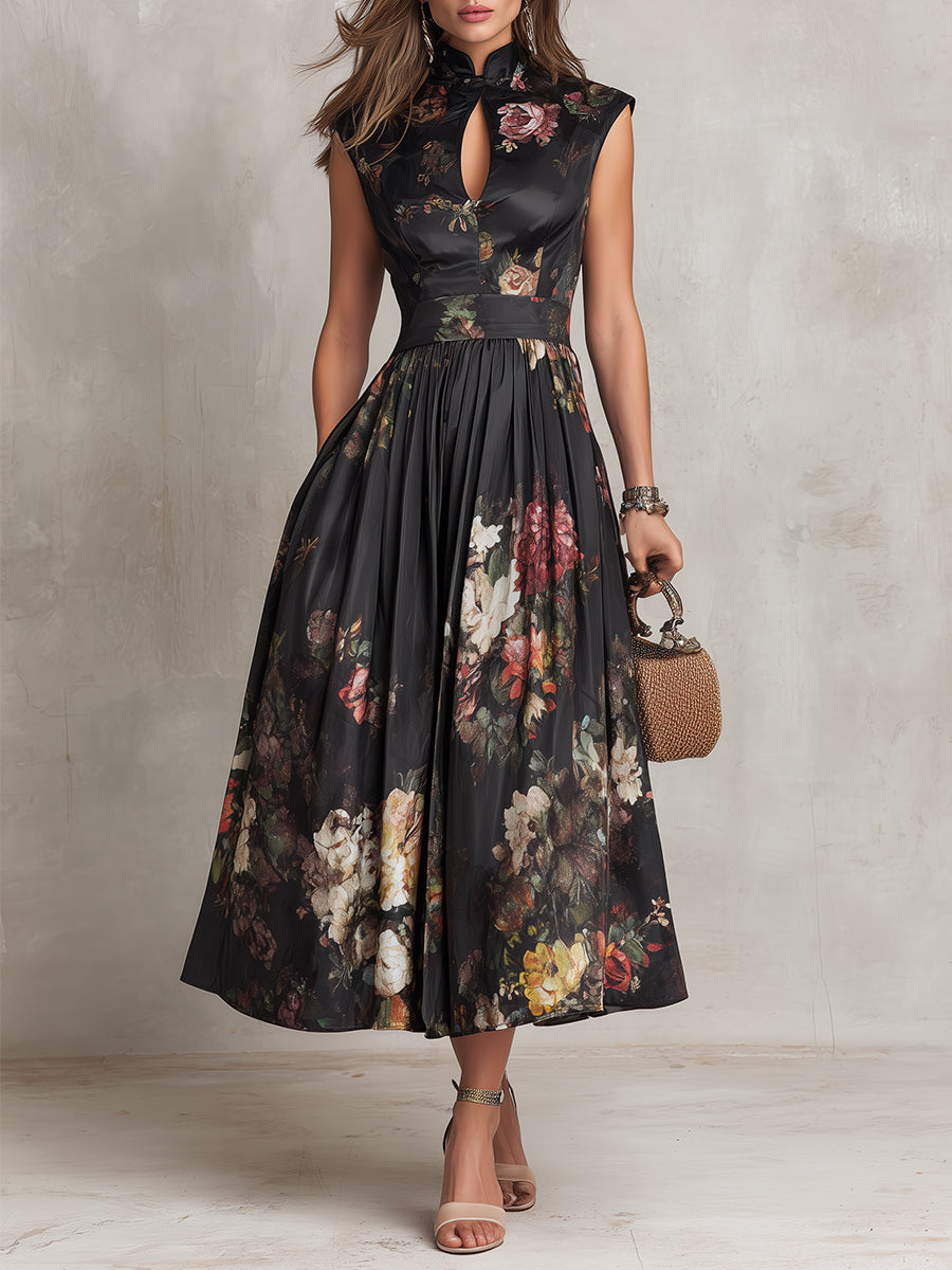 Black Keyhole Collar Floral Pleated Satin Midi Dress – Black