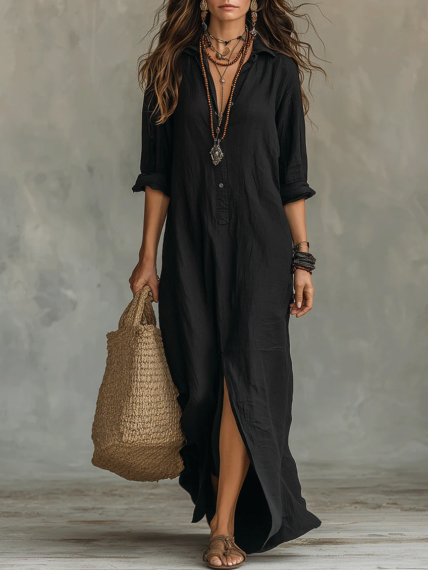 Soline | Oversized Black Maxi Dress with Buttons – Black