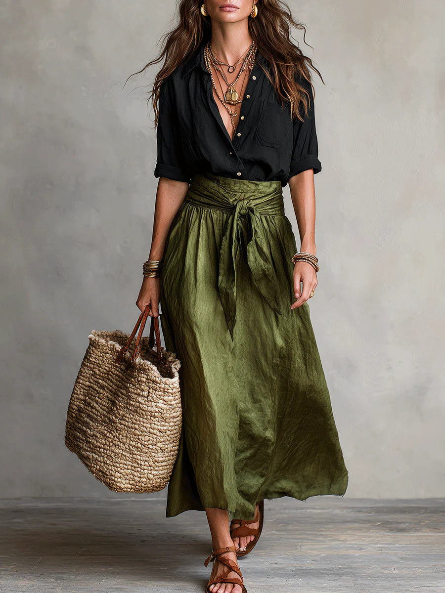 Vera | Two-Piece Set: Black Top and Olive Green Midi Skirt – Black Green