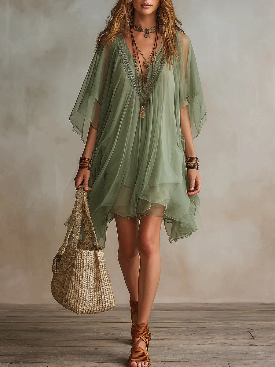 Green Chiffon V-neck Layered Flowy Mini Dress – Green