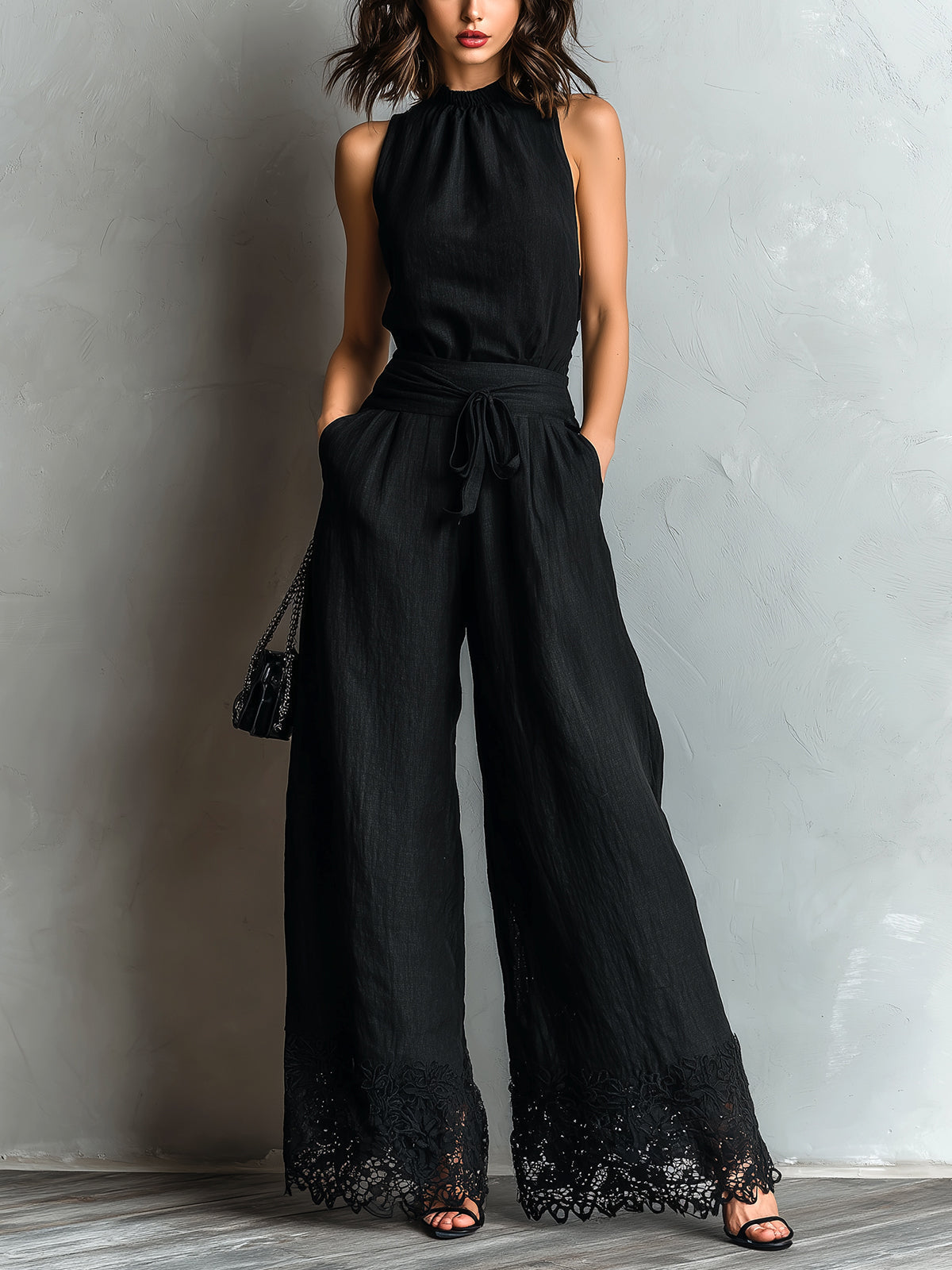 Black Lace-trimmed Wide-leg Pants Set – Black