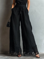 Black Lace-trimmed Wide-leg Pants Set