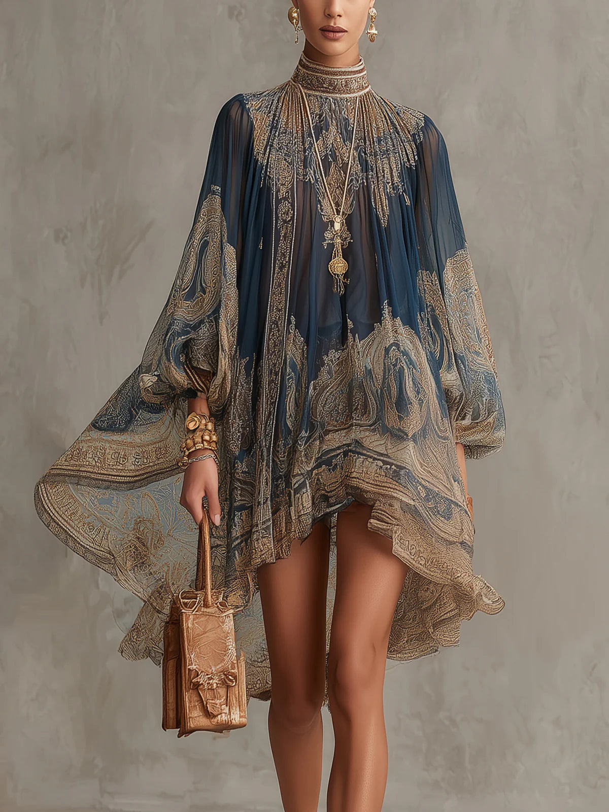 Navy Blue Baroque Print High-neck Irregular Chiffon Mini Dress – Navy