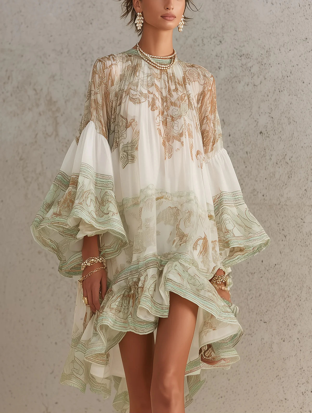 Green Print Ruffle Hem Flounce Sleeve Chiffon Mini Dress – Green
