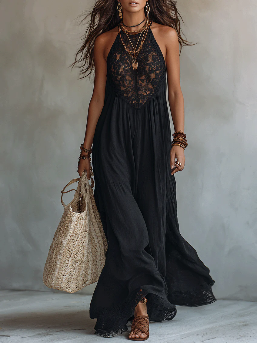 Bohemian Black Sleeveless Lace-Trimmed Maxi Dress – Black