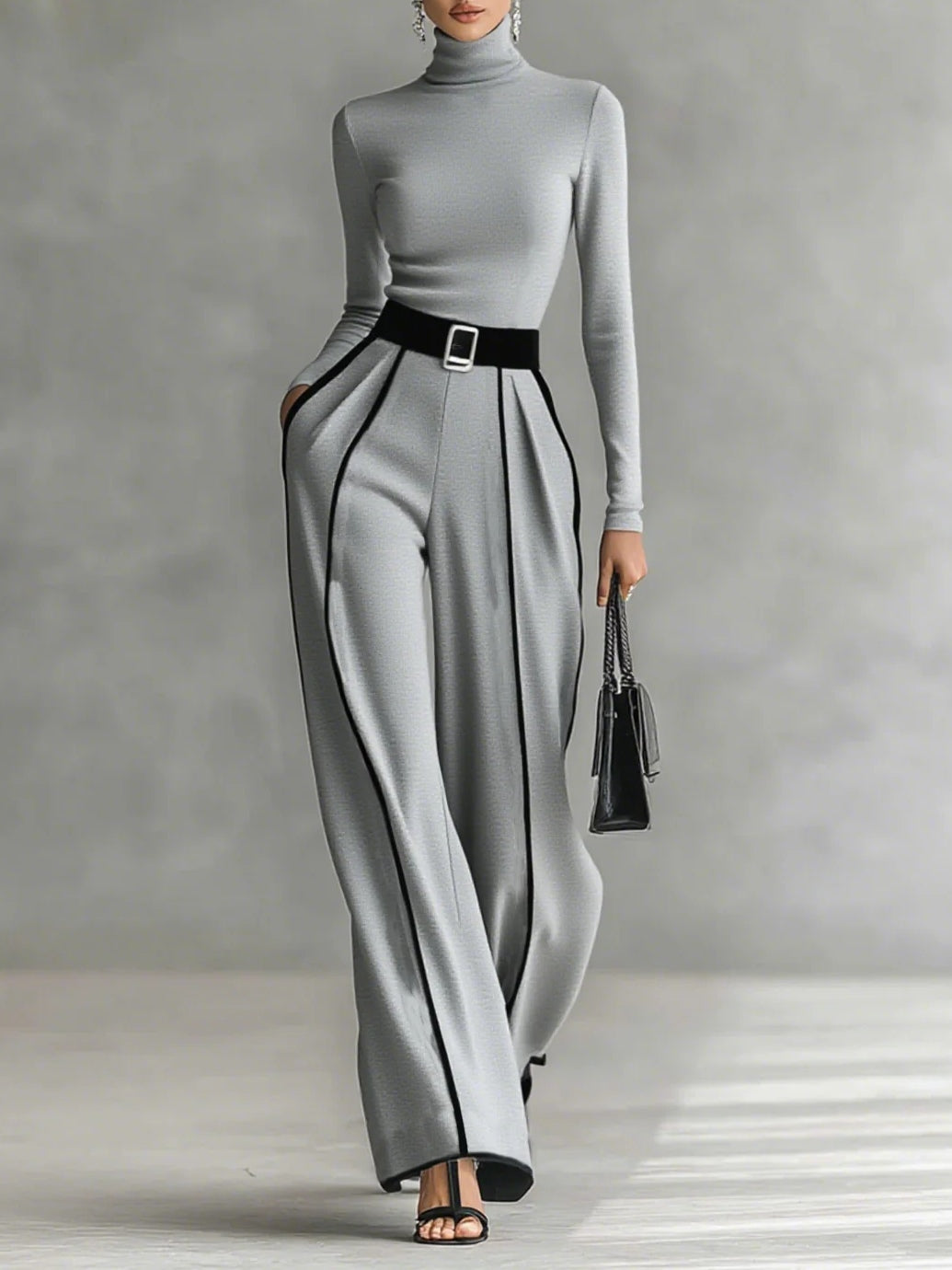 Solana | Long Sleeve Turtleneck and Wide Leg Pants Set with Belt – Gray