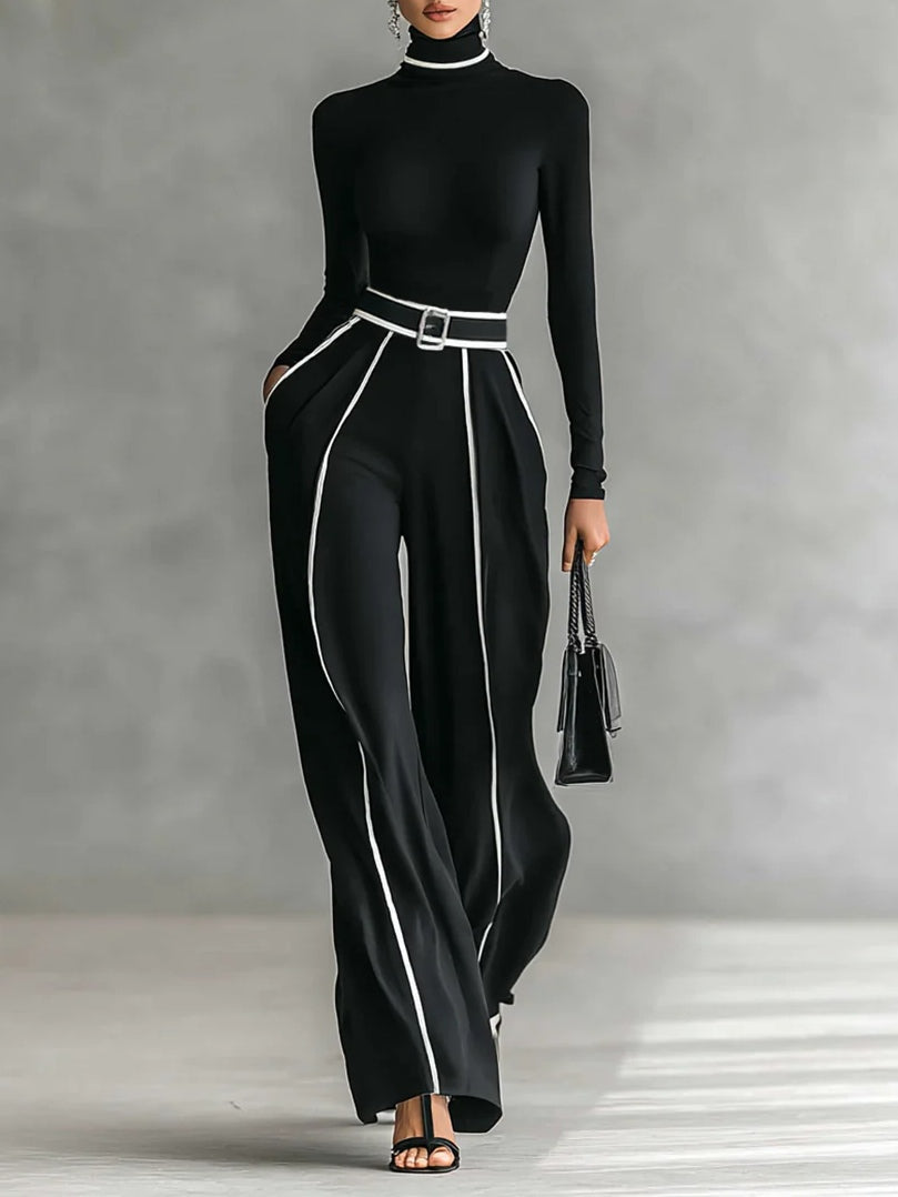 Solana | Long Sleeve Turtleneck and Wide Leg Pants Set with Belt – Black