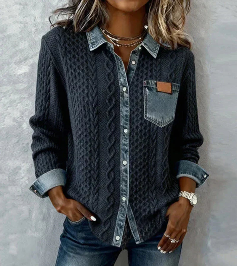 Arielle | Patchwork Knit Top – Navy Blue