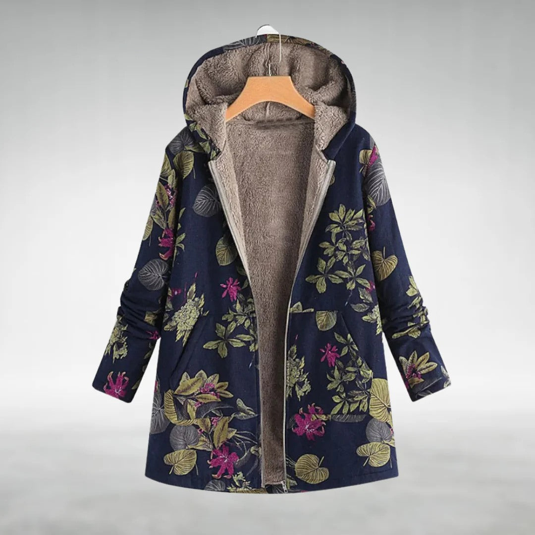 Melvaris Floral Print Hooded Coat – Dark Blue